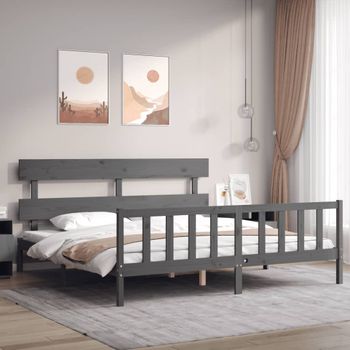 Cama Matrimonial | Cama Para Adultos | Estructura De Cama Con Cabecero Madera Maciza Gris 200x200 Cm Cfw325201