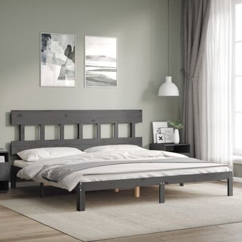 Cama Matrimonial | Cama Para Adultos | Estructura De Cama Con Cabecero Madera Maciza Gris 200x200 Cm Cfw354452