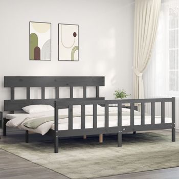 Cama Matrimonial | Cama Para Adultos | Estructura De Cama Con Cabecero Madera Maciza Gris 200x200cm Cfw804015