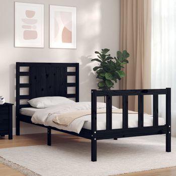 Cama Individual | Cama Para Adultos | Estructura De Cama Individual Con Cabecero Madera Maciza Negro Cfw881332