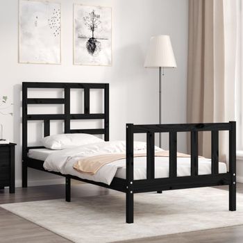 Cama Individual | Cama Para Adultos | Estructura De Cama Con Cabecero Madera Maciza Negro Cfw631005