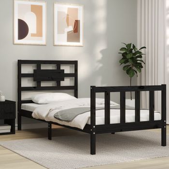 Cama Individual | Cama Para Adultos | Estructura De Cama Con Cabecero Madera Maciza Negro Cfw455489