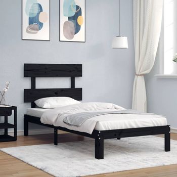 Cama Individual | Cama Para Adultos | Estructura De Cama Con Cabecero Madera Maciza Negro 100x200 Cm Cfw374184