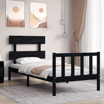 Cama Individual | Cama Para Adultos | Estructura De Cama Con Cabecero Madera Maciza Negro 100x200 Cm Cfw444820