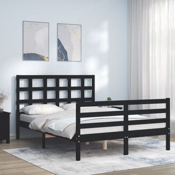 Cama Matrimonial | Cama Para Adultos | Estructura De Cama Con Cabecero Madera Maciza Negro 120x200 Cm Cfw627383