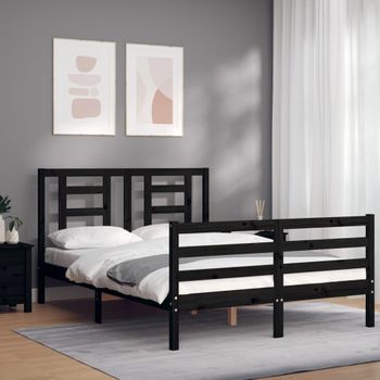 Cama Matrimonial | Cama Para Adultos | Estructura De Cama Con Cabecero Madera Maciza Negro 120x200 Cm Cfw103791