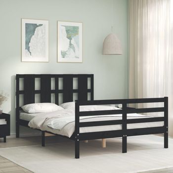 Cama Matrimonial | Cama Para Adultos | Estructura De Cama Con Cabecero Madera Maciza Negro 120x200 Cm Cfw613647