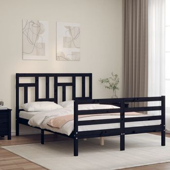 Cama Matrimonial | Cama Para Adultos | Estructura De Cama Con Cabecero Madera Maciza Negro 120x200 Cm Cfw742252