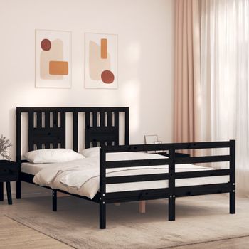 Cama Matrimonial | Cama Para Adultos | Estructura De Cama Con Cabecero Madera Maciza Negro 120x200 Cm Cfw361441