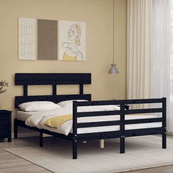 Cama Matrimonial | Cama Para Adultos | Estructura De Cama Con Cabecero Madera Maciza Negro 120x200 Cm Cfw551160