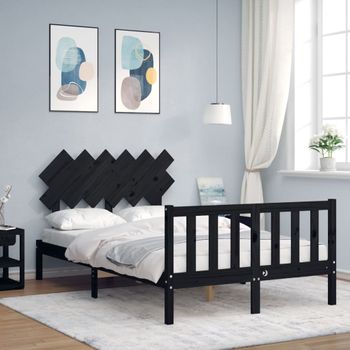 Cama Matrimonial | Cama Para Adultos | Estructura De Cama Con Cabecero Madera Maciza Negro 120x200 Cm Cfw192361