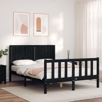 Cama Matrimonial | Cama Para Adultos | Estructura De Cama Con Cabecero Madera Maciza Negro 140x190 Cm Cfw502758