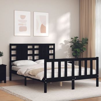 Cama Matrimonial | Cama Para Adultos | Estructura De Cama Con Cabecero Madera Maciza Negro 140x190 Cm Cfw117667