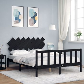 Cama Matrimonial | Cama Para Adultos | Estructura De Cama Con Cabecero Madera Maciza Negro 140x190 Cm Cfw896276