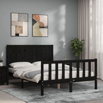 Cama Matrimonial | Cama Para Adultos | Estructura De Cama Con Cabecero Madera Maciza Negro 140x200 Cm Cfw958740