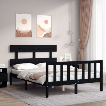 Cama Matrimonial | Cama Para Adultos | Estructura De Cama Con Cabecero Madera Maciza Negro 140x200 Cm Cfw397747