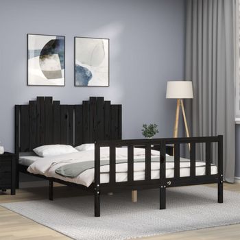 Cama Matrimonial | Cama Para Adultos | Estructura De Cama Con Cabecero Madera Maciza Negro 140x200 Cm Cfw577486