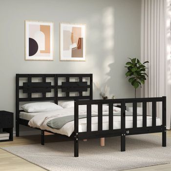 Cama Matrimonial | Cama Para Adultos | Estructura De Cama Con Cabecero Madera Maciza Negro 140x200 Cm Cfw952044