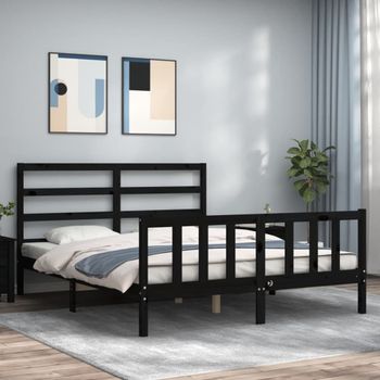 Cama Matrimonial | Cama Para Adultos | Estructura De Cama Con Cabecero Madera Maciza Negro 160x200 Cm Cfw391006