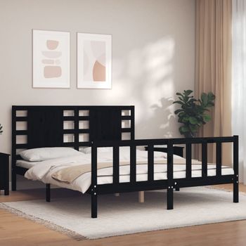 Cama Matrimonial | Cama Para Adultos | Estructura De Cama Con Cabecero Madera Maciza Negro 160x200 Cm Cfw970393