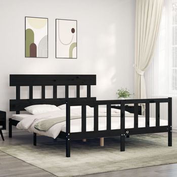 Cama Matrimonial | Cama Para Adultos | Estructura De Cama Con Cabecero Madera Maciza Negro 160x200 Cm Cfw499515