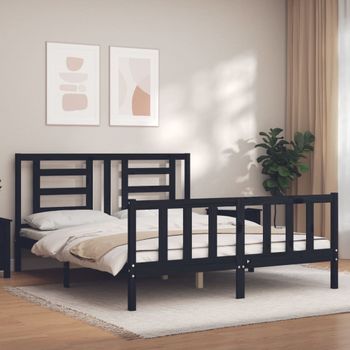 Cama Matrimonial | Cama Para Adultos | Estructura De Cama Con Cabecero Madera Maciza Negro 160x200 Cm Cfw215635