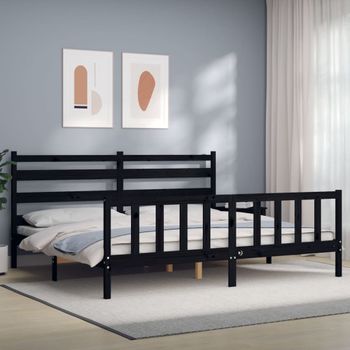 Cama Matrimonial | Cama Para Adultos | Estructura De Cama Con Cabecero Madera Maciza Negro 180x200 Cm Cfw100066