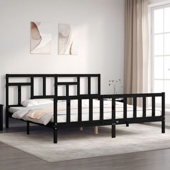 Cama Matrimonial | Cama Para Adultos | Estructura De Cama Con Cabecero Madera Maciza Negro 200x200 Cm Cfw973322