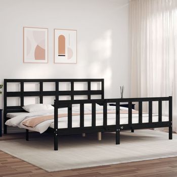 Cama Matrimonial | Cama Para Adultos | Estructura De Cama Con Cabecero Madera Maciza Negro 200x200 Cm Cfw467700