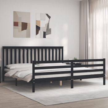 Cama Matrimonial | Cama Para Adultos | Estructura De Cama Con Cabecero Madera Maciza Negro 200x200 Cm Cfw184513