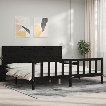 Cama Matrimonial | Cama Para Adultos | Estructura De Cama Con Cabecero Madera Maciza Negro 200x200 Cm Cfw553299