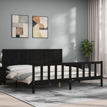 Cama Matrimonial | Cama Para Adultos | Estructura De Cama Con Cabecero Madera Maciza Negro 200x200 Cm Cfw700632