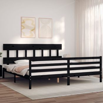 Cama Matrimonial | Cama Para Adultos | Estructura De Cama Con Cabecero Madera Maciza Negro 200x200 Cm Cfw671943