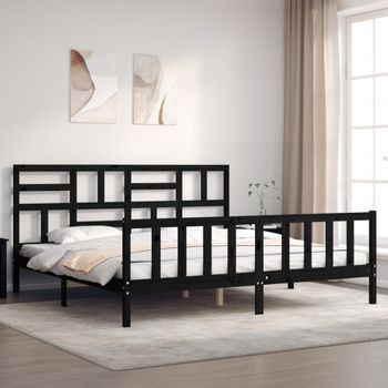 Cama Matrimonial | Cama Para Adultos | Estructura De Cama Con Cabecero Madera Maciza Negro 200x200 Cm Cfw747668