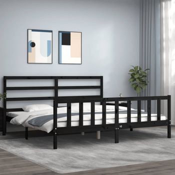 Cama Matrimonial | Cama Para Adultos | Estructura De Cama Con Cabecero Madera Maciza Negro 200x200 Cm Cfw721080