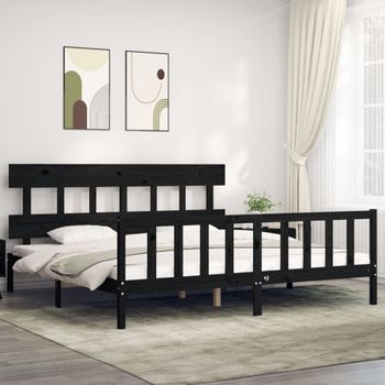 Cama Matrimonial | Cama Para Adultos | Estructura De Cama Con Cabecero Madera Maciza Negro 200x200 Cm Cfw789703