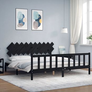 Cama Matrimonial | Cama Para Adultos | Estructura De Cama Con Cabecero Madera Maciza Negro 200x200 Cm Cfw707358