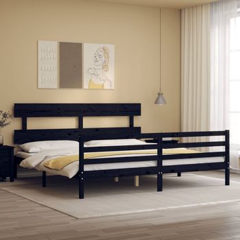 Cama Matrimonial | Cama Para Adultos | Estructura De Cama Con Cabecero Madera Maciza Negro 200x200 Cm Cfw231518