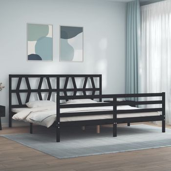 Cama Matrimonial | Cama Para Adultos | Estructura De Cama Con Cabecero Madera Maciza Negro 200x200 Cm Cfw278364