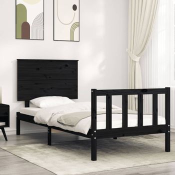 Cama Individual | Cama Para Adultos | Estructura De Cama Con Cabecero Madera Maciza Negro 90x200 Cm Cfw604890