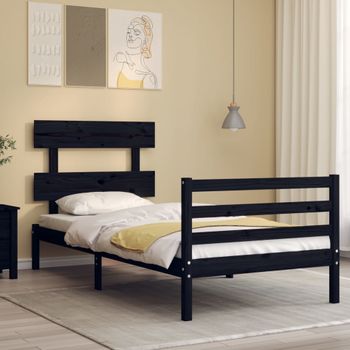 Cama Individual | Cama Para Adultos | Estructura De Cama Con Cabecero Madera Maciza Negro 90x200 Cm Cfw729258