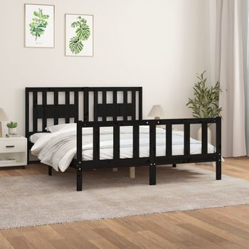 Cama Matrimonial | Cama Para Adultos | Estructura De Cama Con Cabecero Madera Pino Negro 160x200 Cm Cfw952433