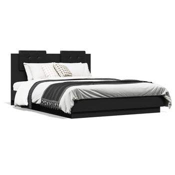 Cama Matrimonial | Cama Para Adultos | Estructura De Cama Con Cabecero Y Luces Led Negro 135x190 Cm Cfw387343