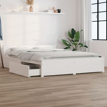 Cama Matrimonial | Cama Para Adultos | Estructura De Cama Con Cajones Blanco King Size 150x200 Cm Cfw793711