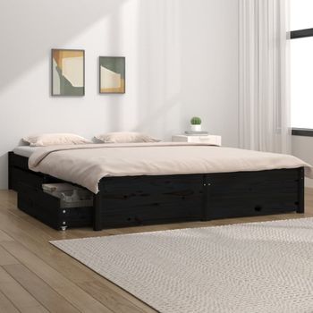 Cama Matrimonial | Cama Para Adultos | Estructura De Cama Con Cajones Doble Negro 135x190 Cm Cfw803303