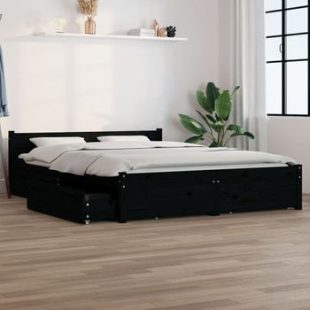 Cama Matrimonial | Cama Para Adultos | Estructura De Cama Con Cajones Doble Negro 135x190 Cm Cfw309125