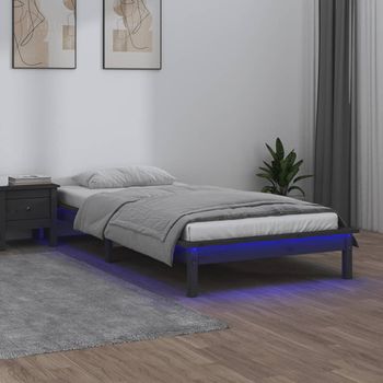 Cama Individual | Cama Para Adultos | Estructura De Cama Con Led Madera Maciza Gris 90x190 Cm Cfw381730