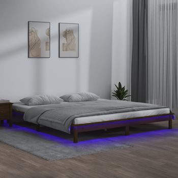 Cama Matrimonial | Cama Para Adultos | Estructura De Cama Con Led Madera Maciza Marrón Miel 120x190 Cm Cfw925911