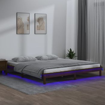 Cama Matrimonial | Cama Para Adultos | Estructura De Cama Con Led Madera Maciza Marrón Miel 140x190 Cm Cfw605441