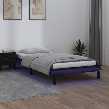 Cama Individual | Cama Para Adultos | Estructura De Cama Con Led Madera Maciza Negra 100x200 Cm Cfw248276